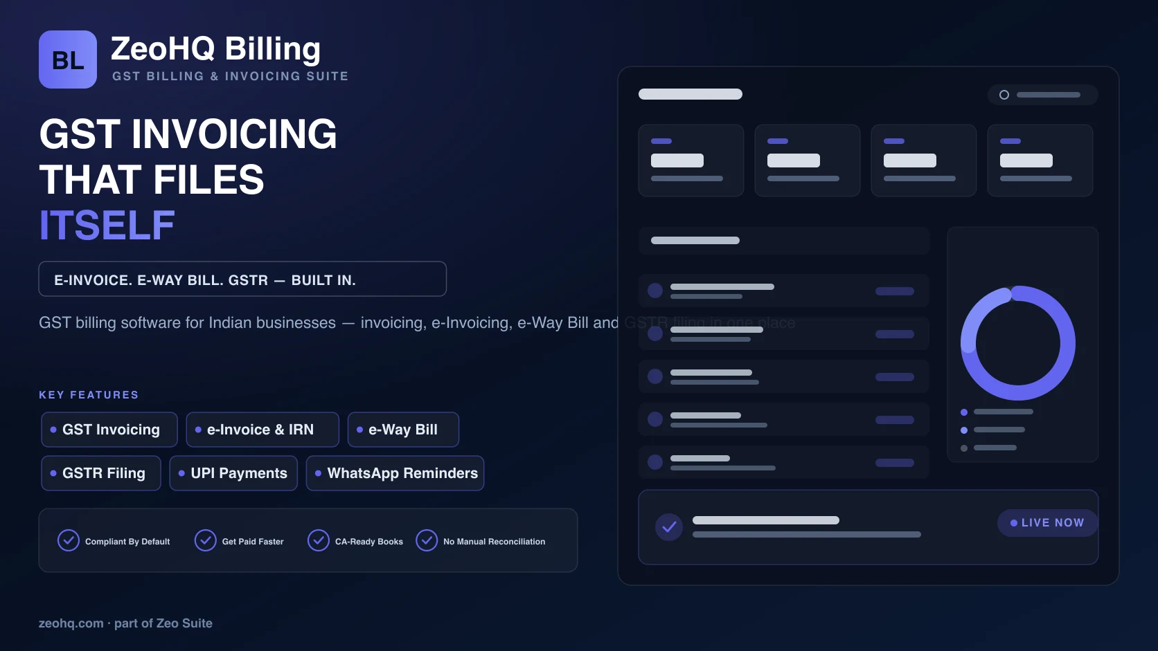 ZeoHQ Billing — GST billing software for Indian businesses — invoicing, e-Invoicing, e-Way Bill and GSTR filing in one place
