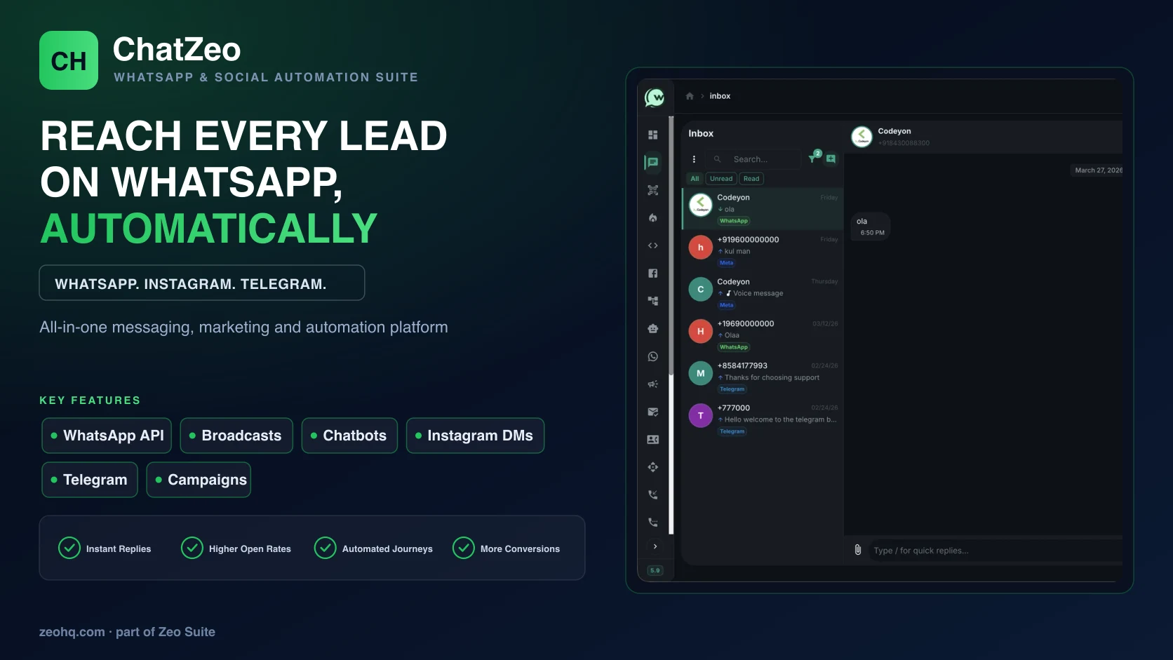 ChatZeo WhatsApp and social automation dashboard preview