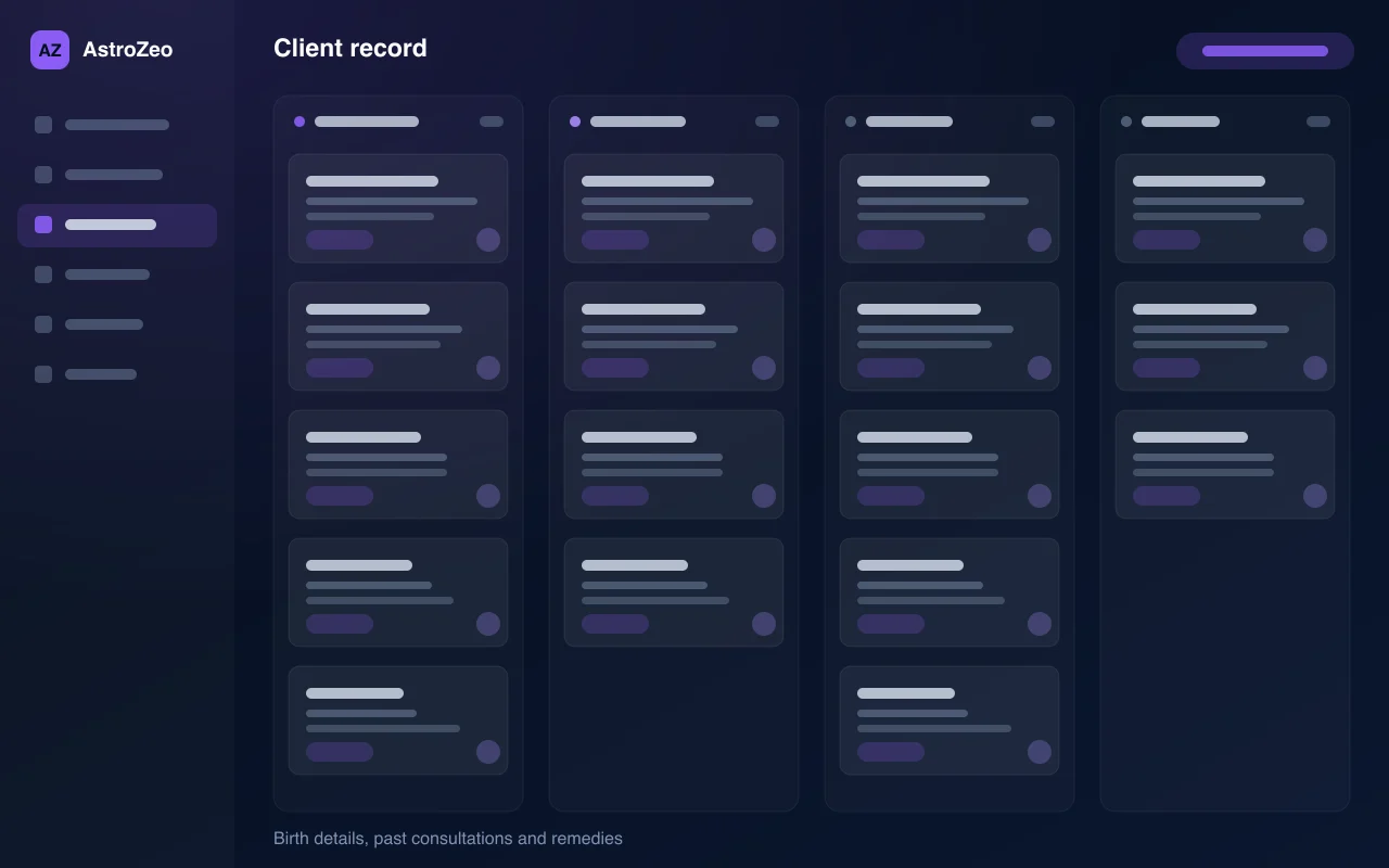 AstroZeo client record — illustration of birth details, past consultations and remedies