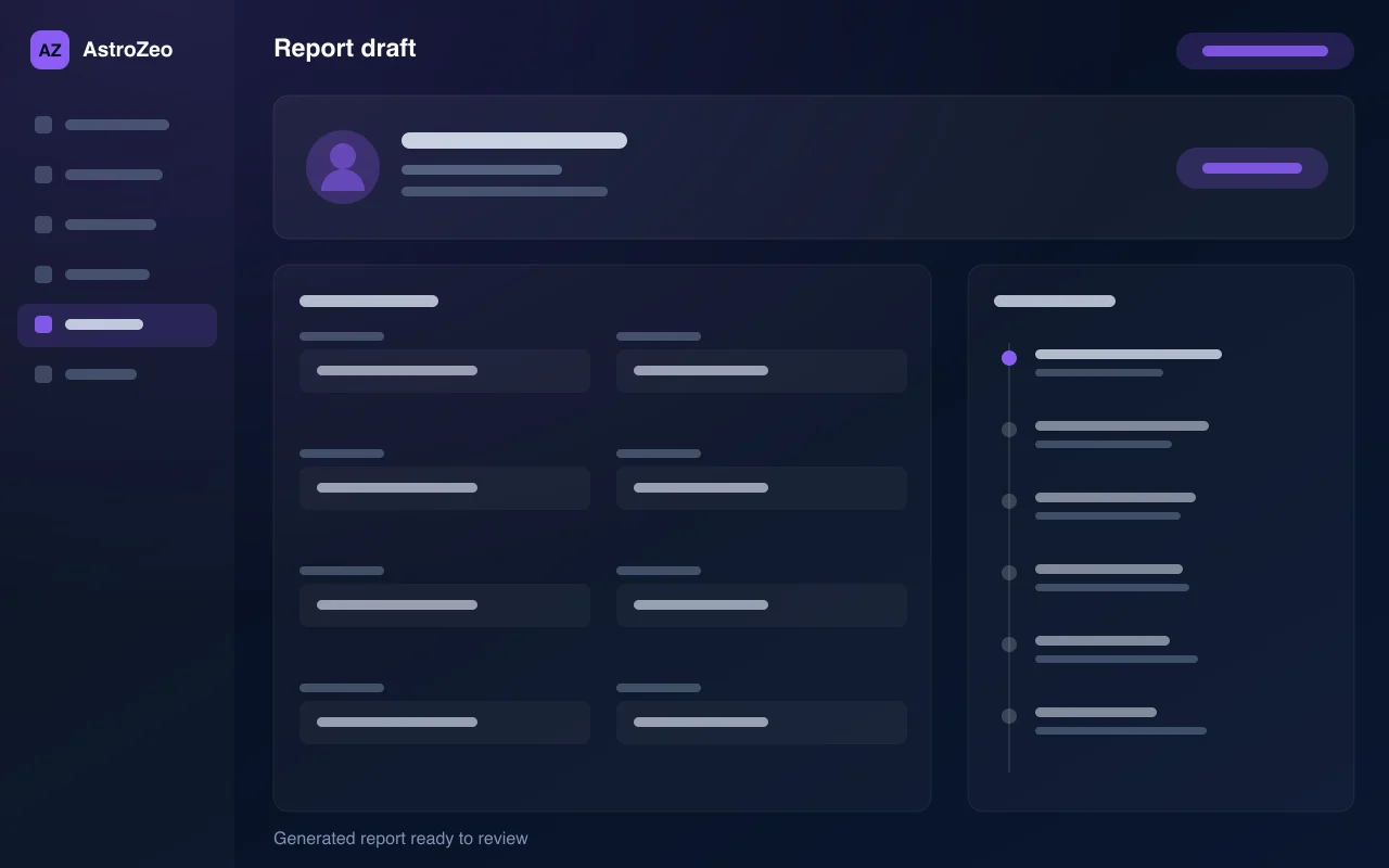 AstroZeo report draft — illustration of generated report ready to review