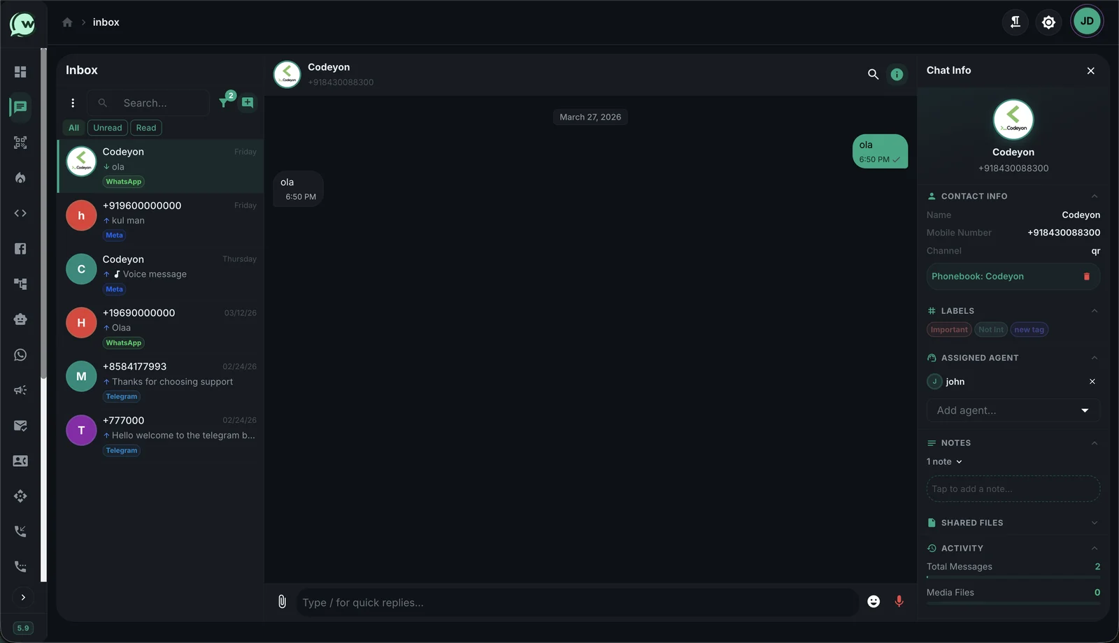 ChatZeo omnichannel inbox — every conversation from every channel in one thread list