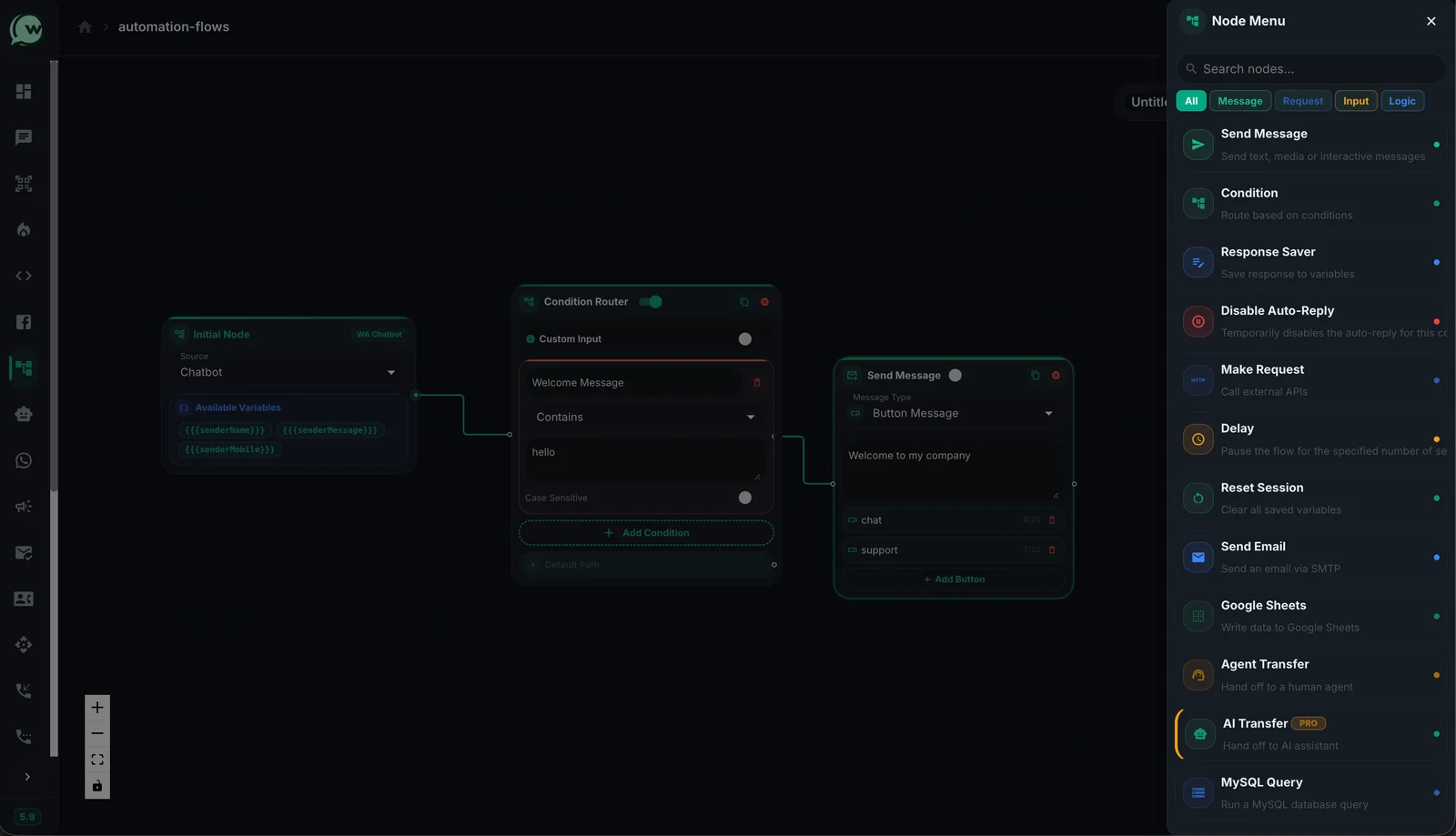 ChatZeo automation flow builder — a chatbot journey assembled node by node, from first reply to human handover