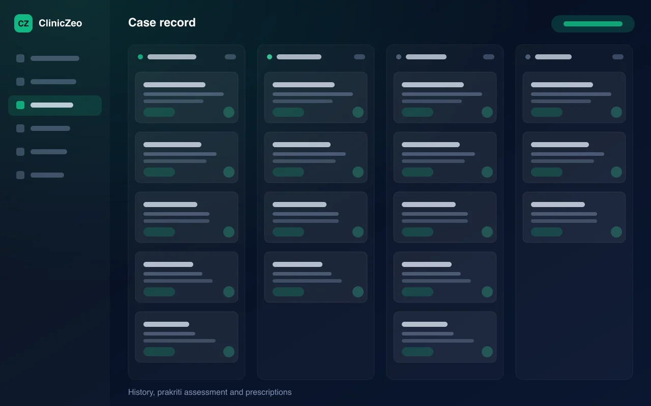 ClinicZeo case record — illustration of history, prakriti assessment and prescriptions