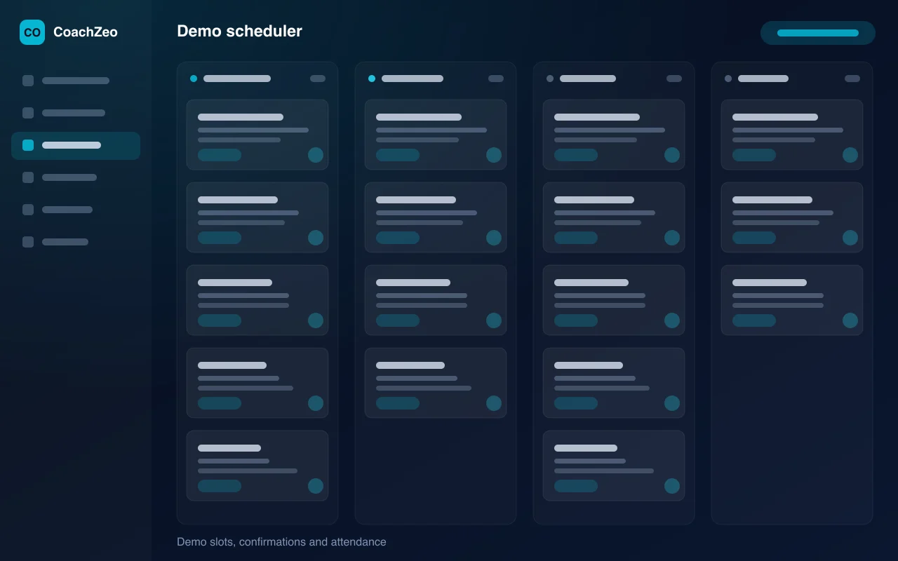 CoachZeo demo scheduler — illustration of demo slots, confirmations and attendance