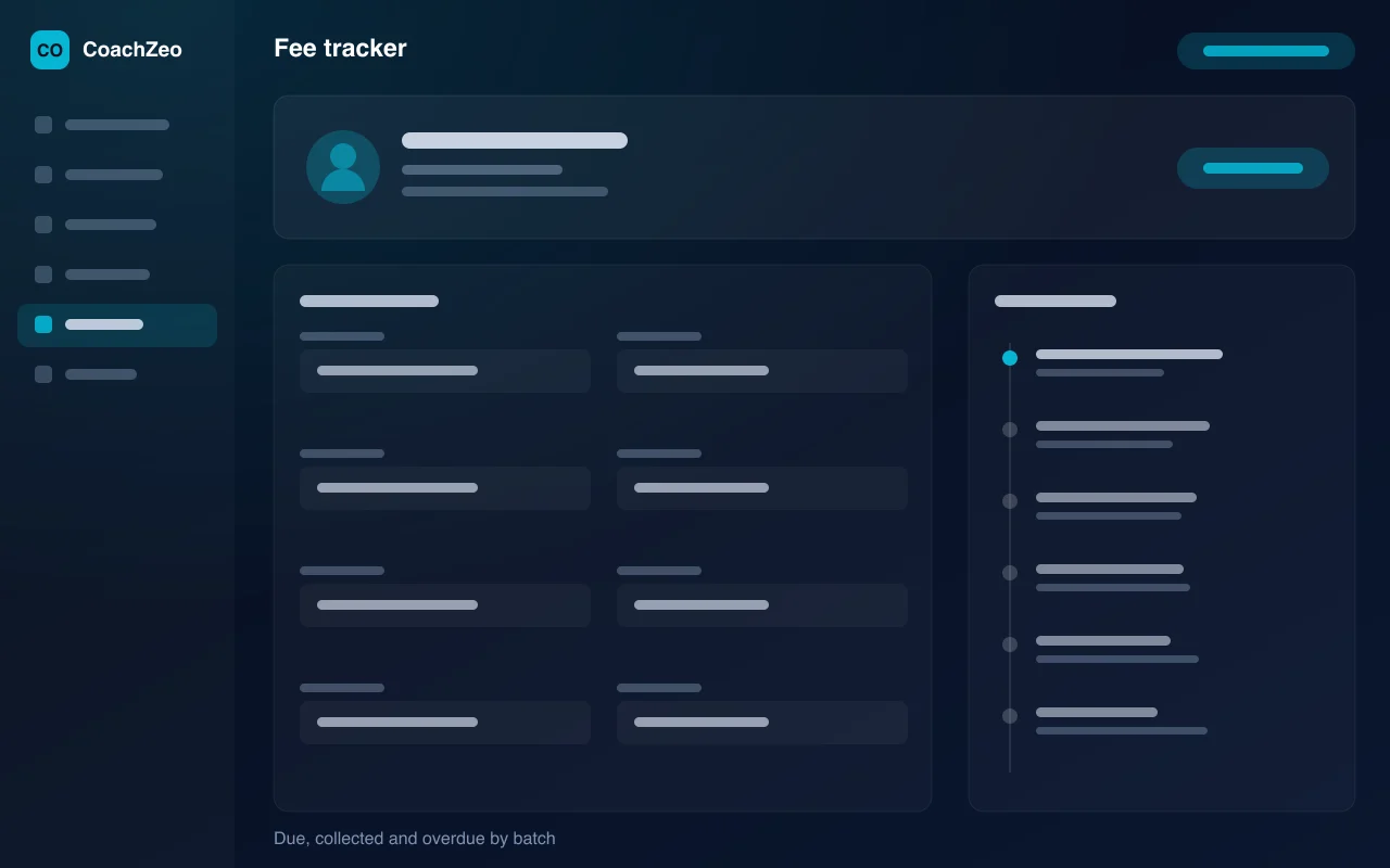 CoachZeo fee tracker — illustration of due, collected and overdue by batch