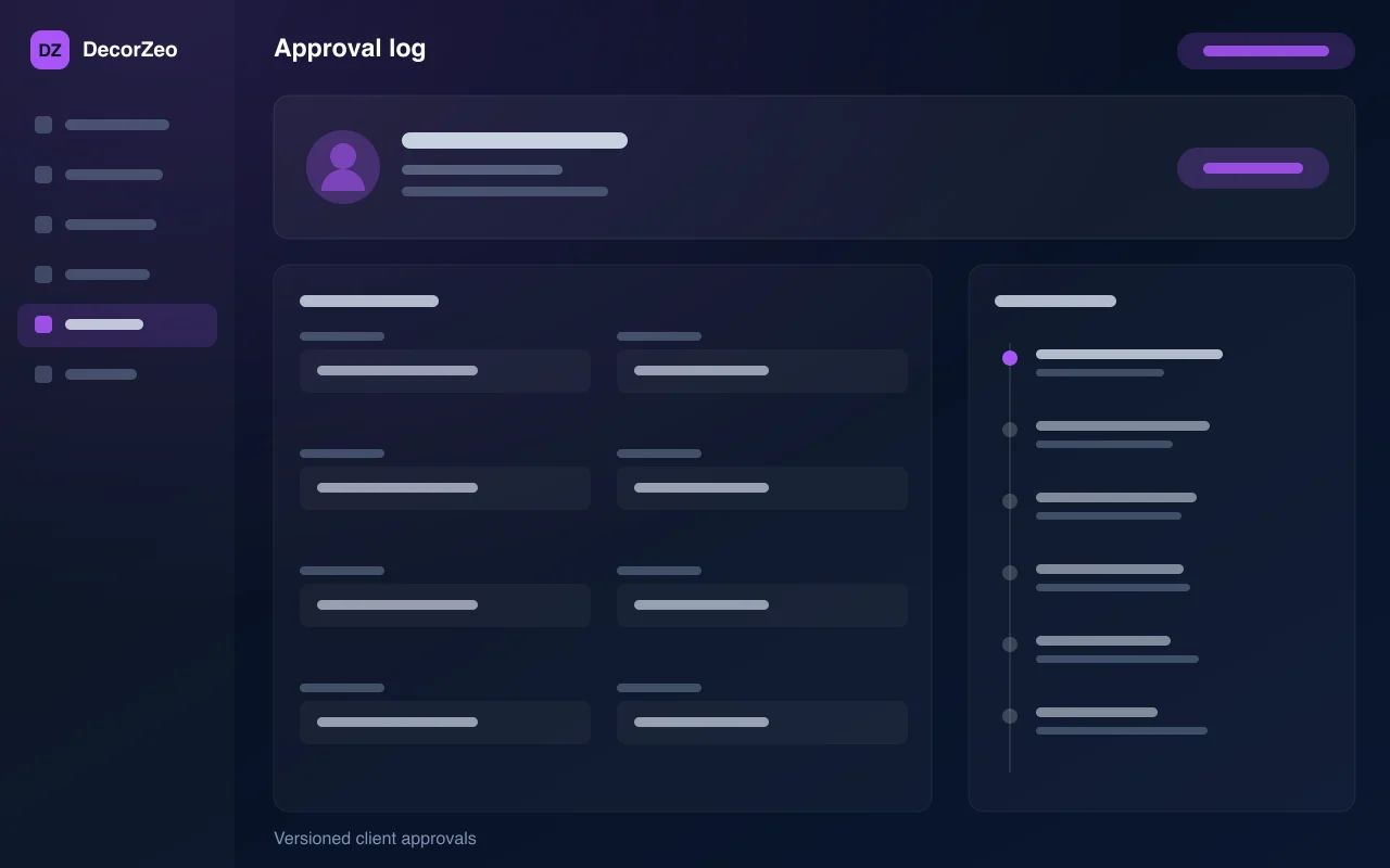 DecorZeo approval log — illustration of versioned client approvals