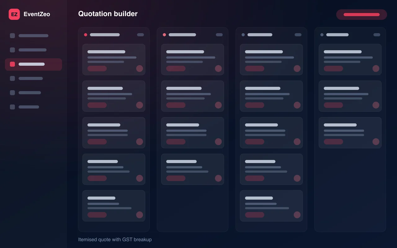 EventZeo quotation builder — illustration of itemised quote with gst breakup