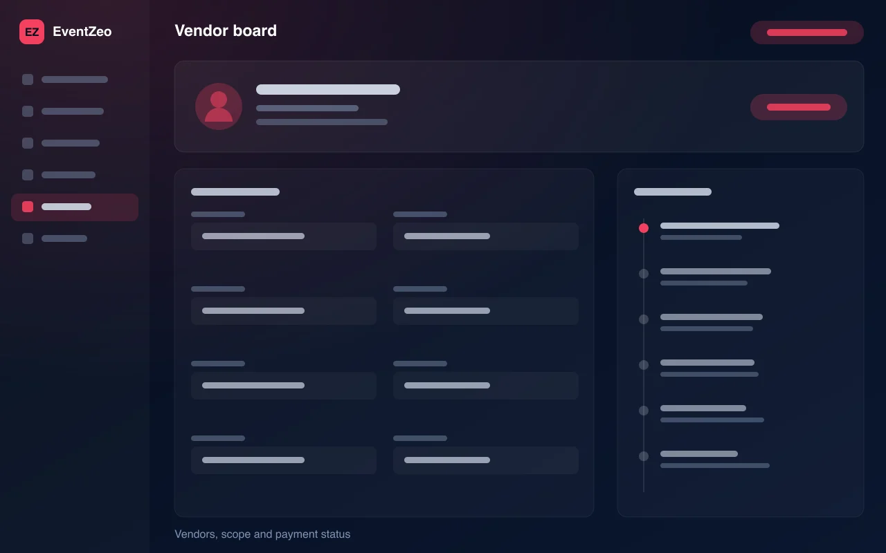 EventZeo vendor board — illustration of vendors, scope and payment status