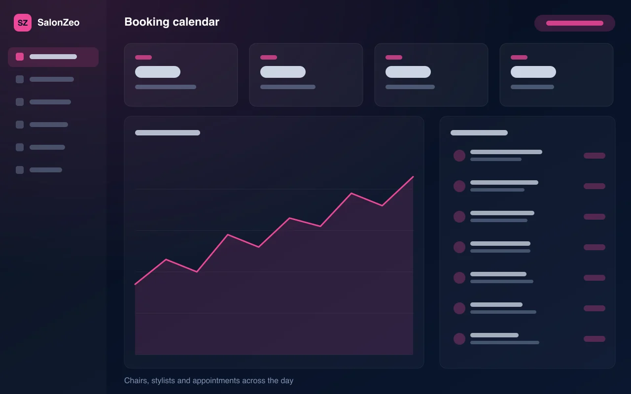 SalonZeo booking calendar — illustration of chairs, stylists and appointments across the day