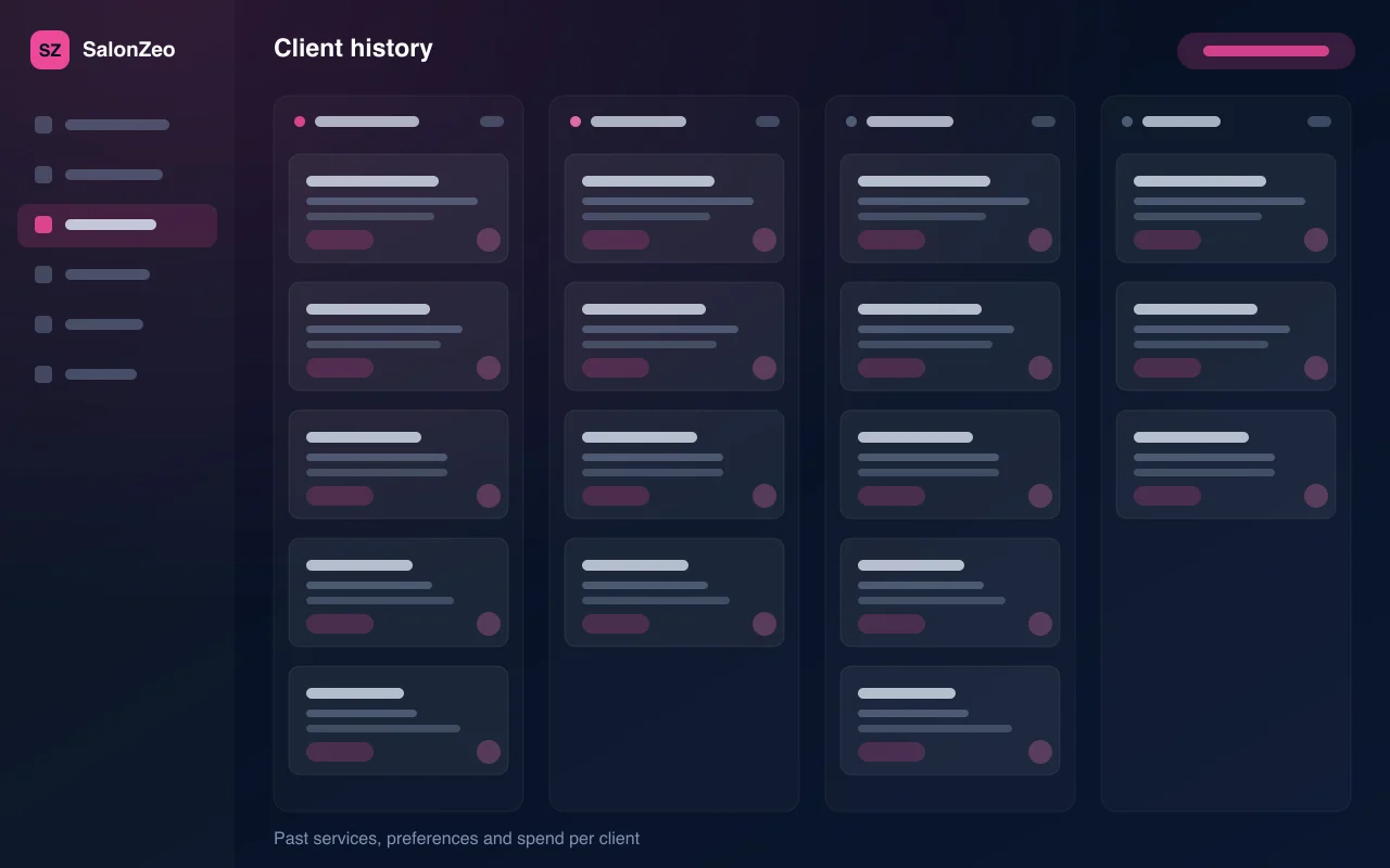 SalonZeo client history — illustration of past services, preferences and spend per client