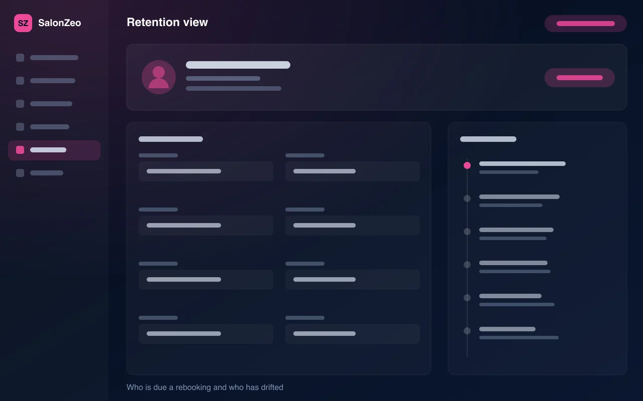 SalonZeo retention view — illustration of who is due a rebooking and who has drifted