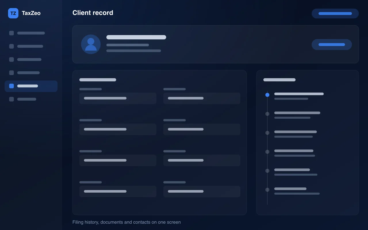 TaxZeo client record — illustration of filing history, documents and contacts on one screen