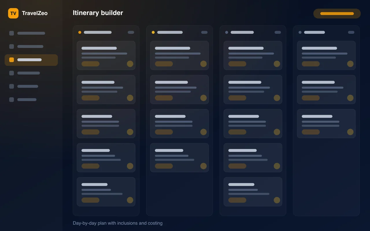 TravelZeo itinerary builder — illustration of day-by-day plan with inclusions and costing