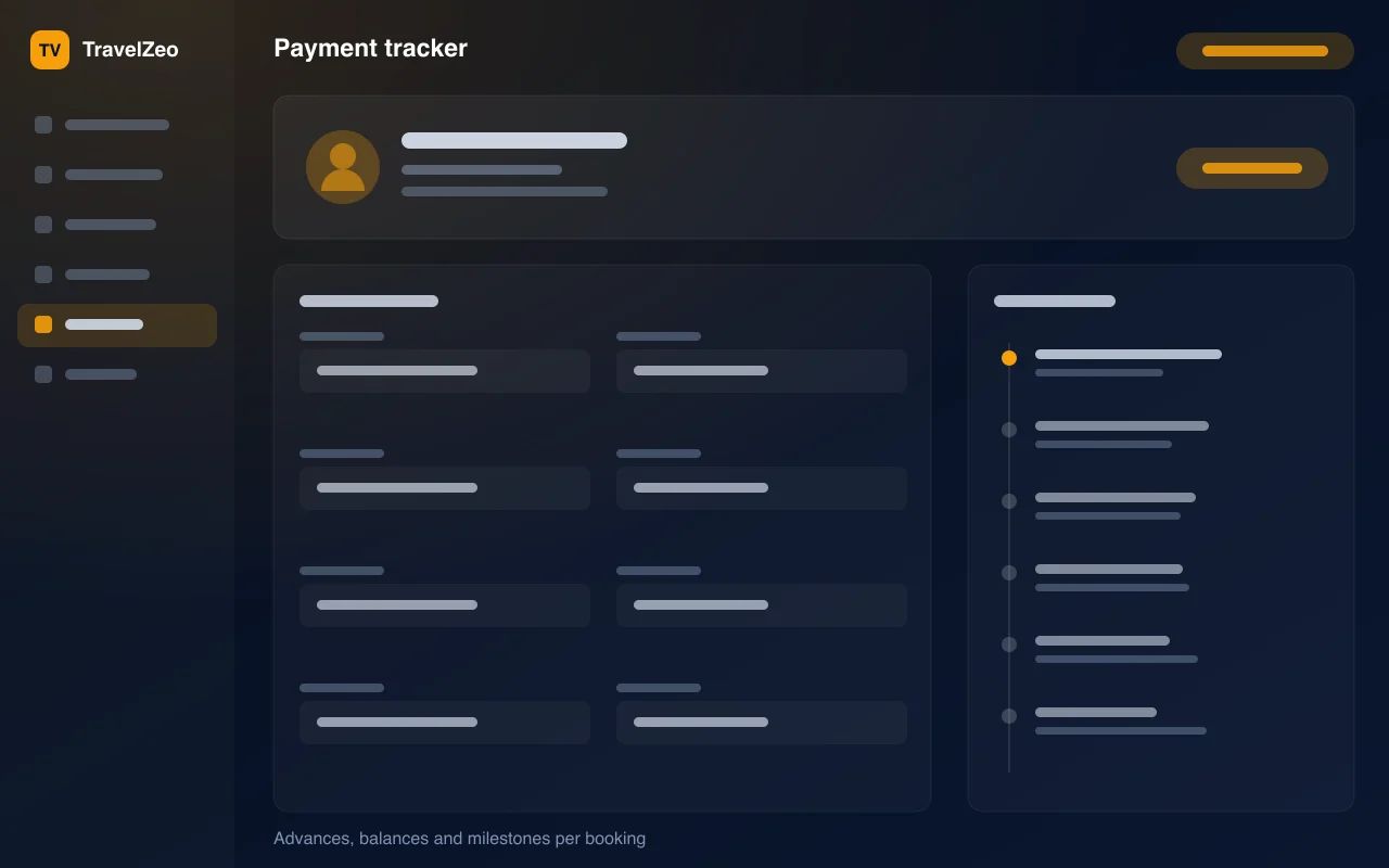 TravelZeo payment tracker — illustration of advances, balances and milestones per booking